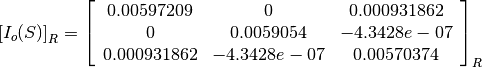 \left[I_o(S)\right]_R = \left[
                        \begin{array}{ccc}
                          0.00597209 & 0 & 0.000931862\\
                          0 & 0.0059054 & -4.3428e-07\\
                          0.000931862 & -4.3428e-07 & 0.00570374\\
                        \end{array}
                        \right]_R