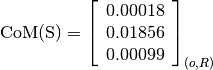 \text{CoM(S)} = \left[
                \begin{array}{c}
                  0.00018\\
                  0.01856\\
                  0.00099
                \end{array}
                \right]_{(o, R)}